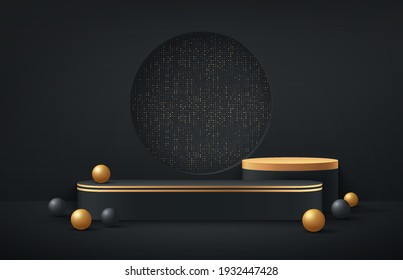 Luxury black and gold round podium on dark empty room background and black, golden sphere decorate. Abstract vector rendering 3d shape for advertising products display. Minimal scene studio room.