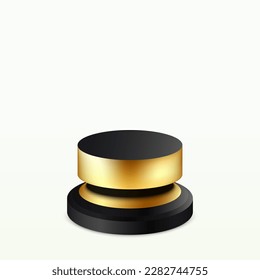 Luxury black and gold round podium isolated on white background. Cylindrical podium for displaying promotional products.