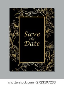 Luxury black and gold Save the Date card with elegant lily line art. Sophisticated wedding invitation with vector rectangular frame.