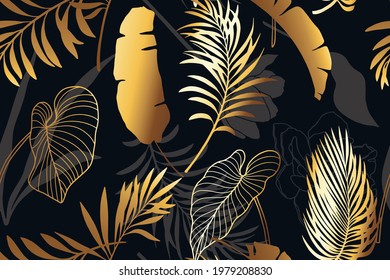 Luxury black and gold seamless pattern with golden exotic leaves. Palm, banana leaves, line rt flowers. Wallpaper, wrapping paper, fabric print,  endless background.