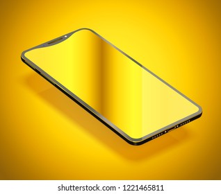 Luxury black and gold smartphone. Vector 3d realistic template of imaginary phone. Empty screen with a yellow gradient. Floating mock up with a blank display for any presentations. Perspective view.