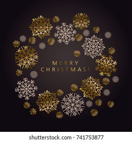 Luxury black and gold snowflake xmas pattern. Elegant simple decor for surface design, poster, header, card, invitation. New Year party poster.