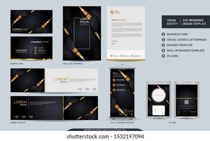 Luxury black gold stationery mock up set and visual brand identity with abstract overlap layers background . Vector illustration mock up for branding, cover, card, product, event, banner, website. 
