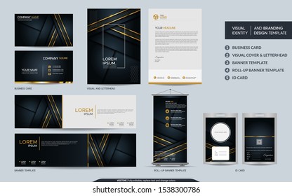 Luxury black gold stationery mock up set and visual brand identity with abstract overlap layers background . Vector illustration mock up for branding, cover, card, product, event, banner, website. 