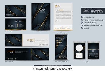 Luxury black gold stationery mock up set and visual brand identity with abstract overlap layers background . Vector illustration mock up for branding, cover, card, product, event, banner, website. 