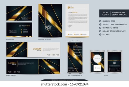 Luxury black gold stationery mock up and visual brand identity set. Vector illustration mock up for branding, background, cover, card, product, event, banner, website. 