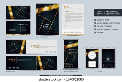 Luxury black gold stationery mock up and visual brand identity set. Vector illustration mock up for branding, background, cover, card, product, event, banner, website. 