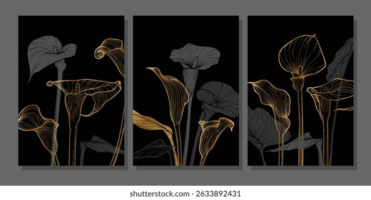 Luxury black and gold vector card and invitation templates. Hand drawn calla lily flowers decorating these elegant print and online graphic assets. Set of A4 posters.