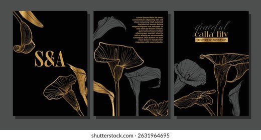 Luxury black and gold wedding A4 vector card and invitation templates. Hand drawn calla lily flowers decorating these elegant print and online graphic assets