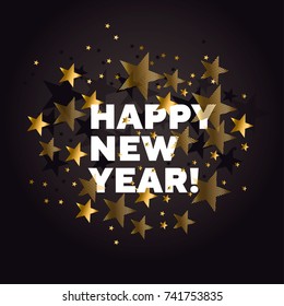 Luxury black and gold xmas stars pattern. Elegant simple decor for surface design, poster, header, card, invitation. New Year party poster.