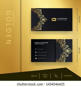 Luxury black golden business card with premium ornament and elegant template . motive . batik