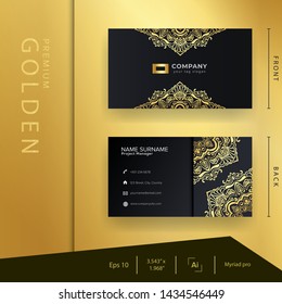 Luxury black golden business card with premium ornament and elegant template . motive . batik