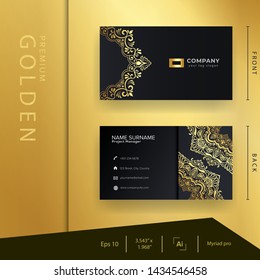 Luxury black golden business card with premium ornament and elegant template . motive . batik