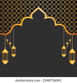 luxury Black Golden and Gary colorful pattern eid mubarak ramadan or
ramadhan islamic background banner frame. Translation: "Muslim fasting month and celebration day after fasting"