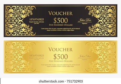 Luxury black and golden gift certificate with vintage ornament pattern