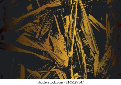 Luxury black golden metal gradient background with distressed closeup corn leaf texture with streaks. Vector illustration