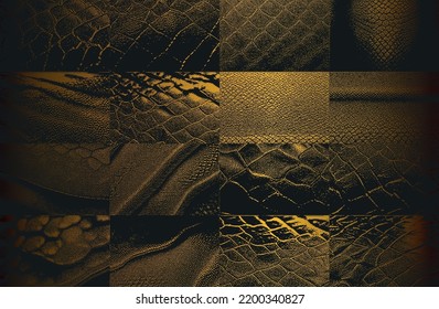 Luxury black golden metal gradient background with distressed crocodile, snake, alligator skin leather texture. Vector illustration