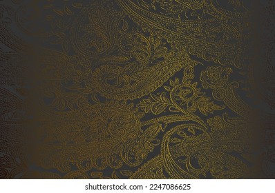 Luxury black golden metal gradient background with distressed fabric, textile texture. Ornamental floral pattern. Vector illustration