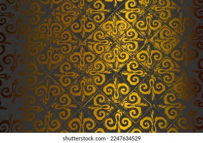 Luxury black golden metal gradient background with distressed fabric, textile texture. Ornamental floral pattern. Vector illustration