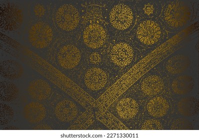 Luxury black golden metal gradient background with distressed fabric, textile texture. Ornamental floral pattern. Vector illustration