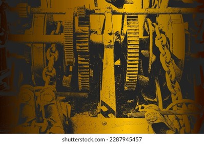 Luxury black golden metal gradient background with distressed metalic machine, grears, shaft texture. Vector illustration