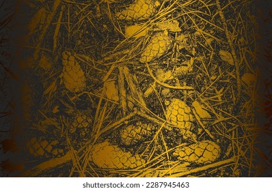 Luxury black golden metal gradient background with distressed closeup pine cones and needles texture. Vector illustration