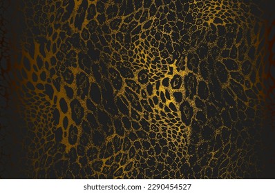 Luxury black golden metal gradient background with distressed crocodile, snake, alligator skin leather texture. Vector illustration