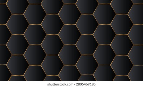 Luxury Black Hexagon Background with Gold Outline Geometric Honeycomb Pattern