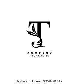 diseño lujoso del logotipo de la letra T negra inicial con un hermoso adorno. adecuado para el logotipo de negocios, empresa, belleza, moda, marca, boutique, hotel, etc. logotipo de monograma