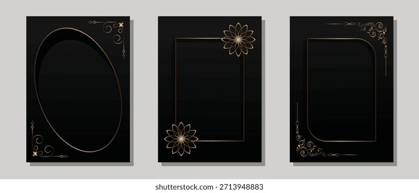 Diseño de Vector de invitación negro de lujo. Conjunto de invitación de lujo con marco floral dorado y borde. Traje para la tarjeta de la invitación, boda, premio y otros