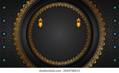 luxury black Islamic ramadan kareem eid mubarak arabic 3d round background banner design illustration. Translation. "Muslim fasting month and celebration day after fasting."