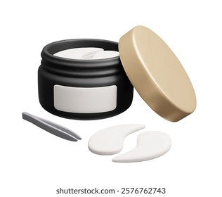 Luxury black jar of hydrating eye patches cosmetic product. Anti aging Korean skincare treatment 3D vector illustration. Hydrogel eye patches with tweezers applicator realistic vector render.