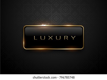 Luxury black label with golden frame sparks on black background. Dark premium logo template. Vector illustration