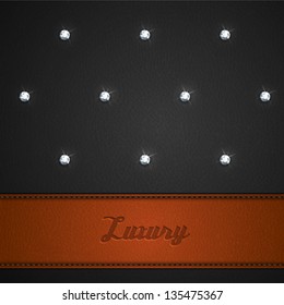 Luxury black leather background with orange leather stripe and diamonds - eps10 vector illustration