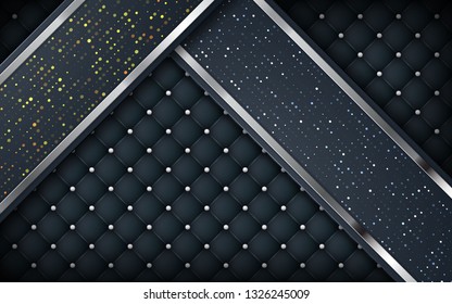 Luxury black leather background. Realistic buttoned leather textured with silver glitters on layers. vector illustration