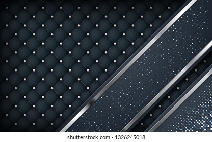 Luxury black leather background. Realistic buttoned leather textured with silver glitters on layers. vector illustration