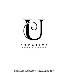 diseño de logotipo de letra negra de lujo U. Floreces. Logo de monograma U, logotipo de tipografía. hermosa letra U. adecuado para el logotipo de negocios, empresa, belleza, boutique, boda, etc