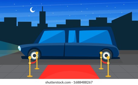 Luxury Black Limousine Car and Red Empty Event Carpet on Background of City Landscape Vector Illustration