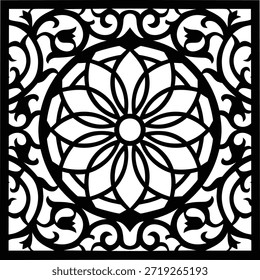 Patrón de mandala negro de lujo sobre fondo blanco. Ornamento floral elegante del cordón para la invitación de la boda, el corte del laser, o el marco decorativo.