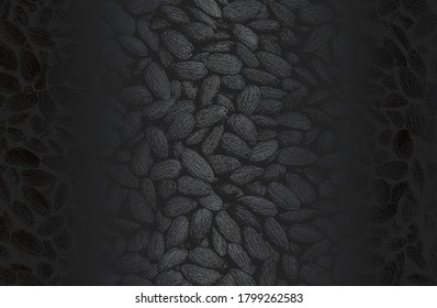 Luxury black metal gradient background with distressed closeup almond nuts texture. Vector illustration