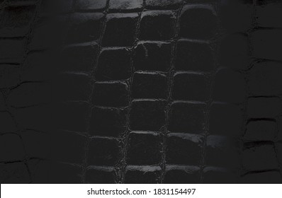Luxuriöser, schwarzer Farbverlauf-Hintergrund mit bedrücktem Krokodil, Schlange, alligatorischer Hautlederstruktur. Vektorgrafik