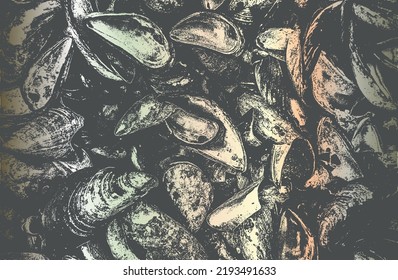 Luxury black metal gradient background with distressed closeup seashell armor texture. Vector illustration