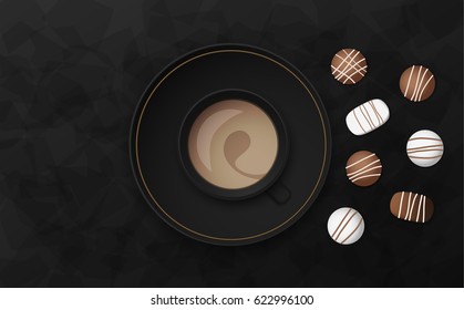 Luxury black morning background. Coffee cup with chocolate on dark stone table top view. Premium quality vector illustration design.