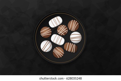 Luxury black morning background. cup with chocolate on dark stone table top view. Premium quality vector illustration design.