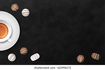 Luxury black morning background. Tea cup with chocolate on dark stone table top view. Premium quality vector illustration design.