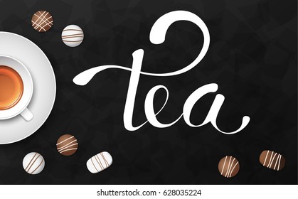 Luxury black morning background. Tea cup with chocolate on dark stone table top view. Premium quality vector illustration design.
