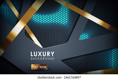 Luxury black overlap layers background. Realistic golden and blue light effect on textured black hexagon background.