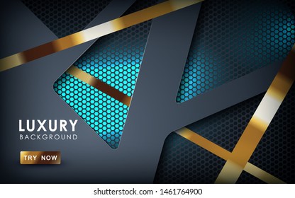 Luxury black overlap layers background. Realistic golden and blue light effect on textured black hexagon background.