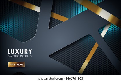 Luxury black overlap layers background. Realistic golden and blue light effect on textured black hexagon background.