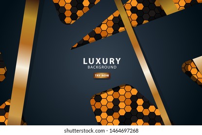 Luxury black overlap layers background. Realistic golden  light effect on textured orange hexagon background.